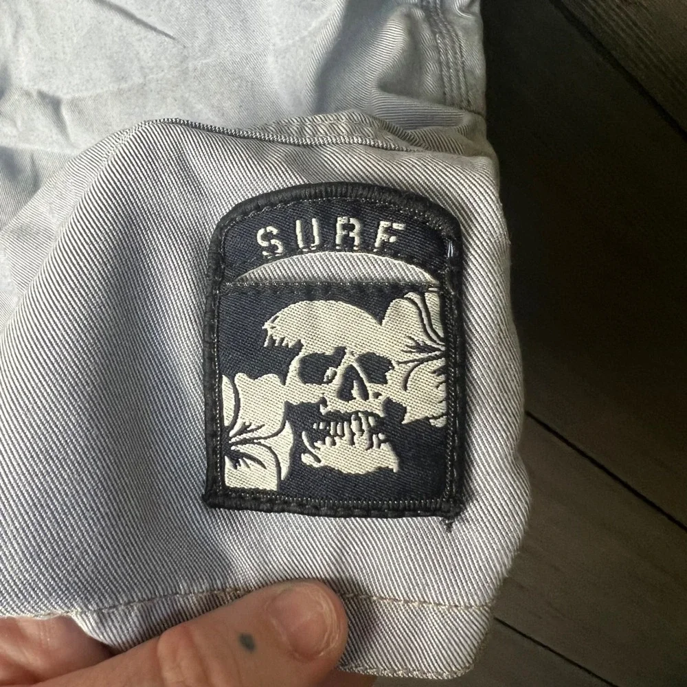 Mossimo Men's Striped Surf Board Shorts Skull Patch Size 36 Blue Y2K Swim Trunks